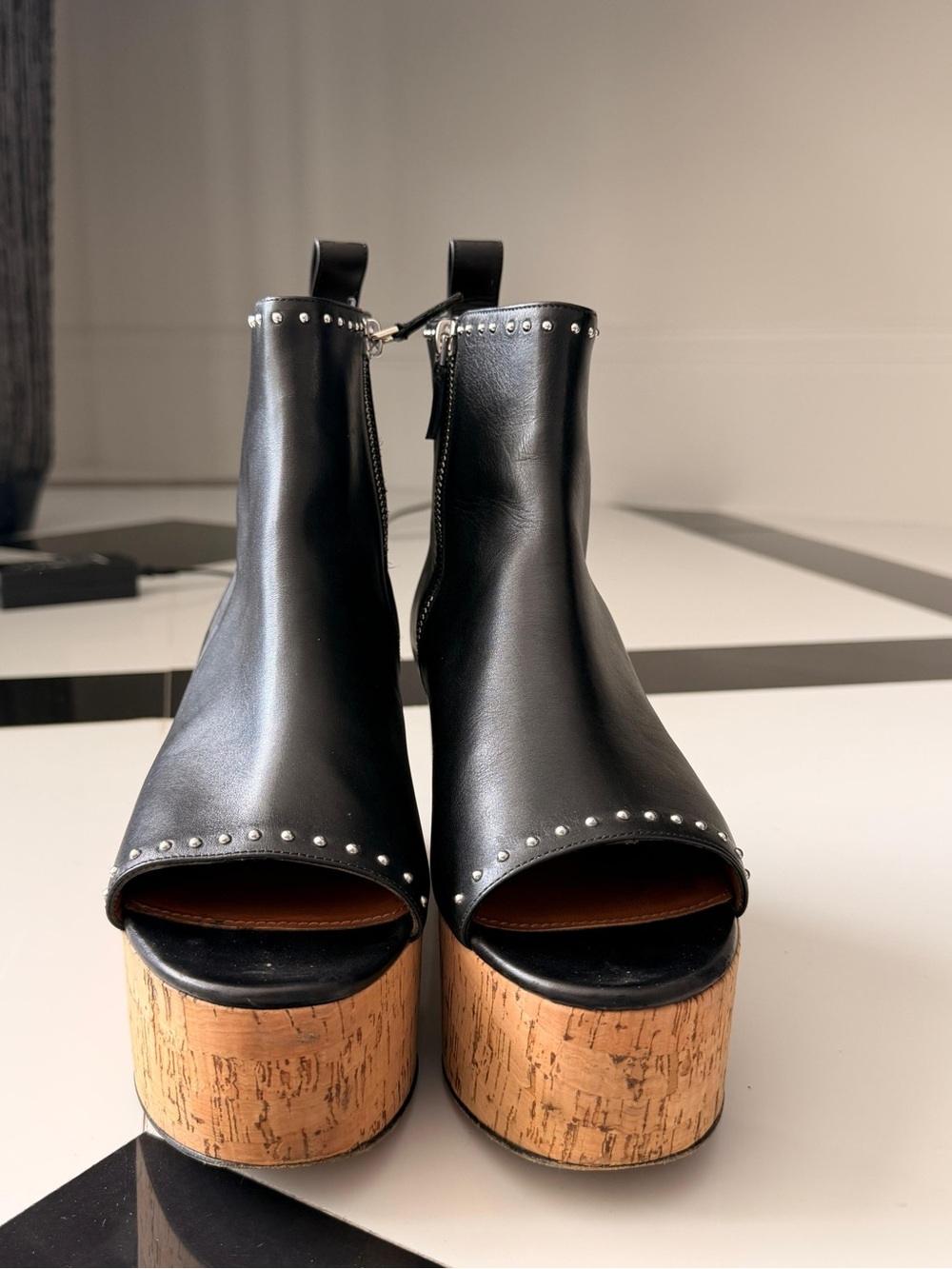 Givenchy Black Leather Open-Toe Platform Booties with Cork Heel
